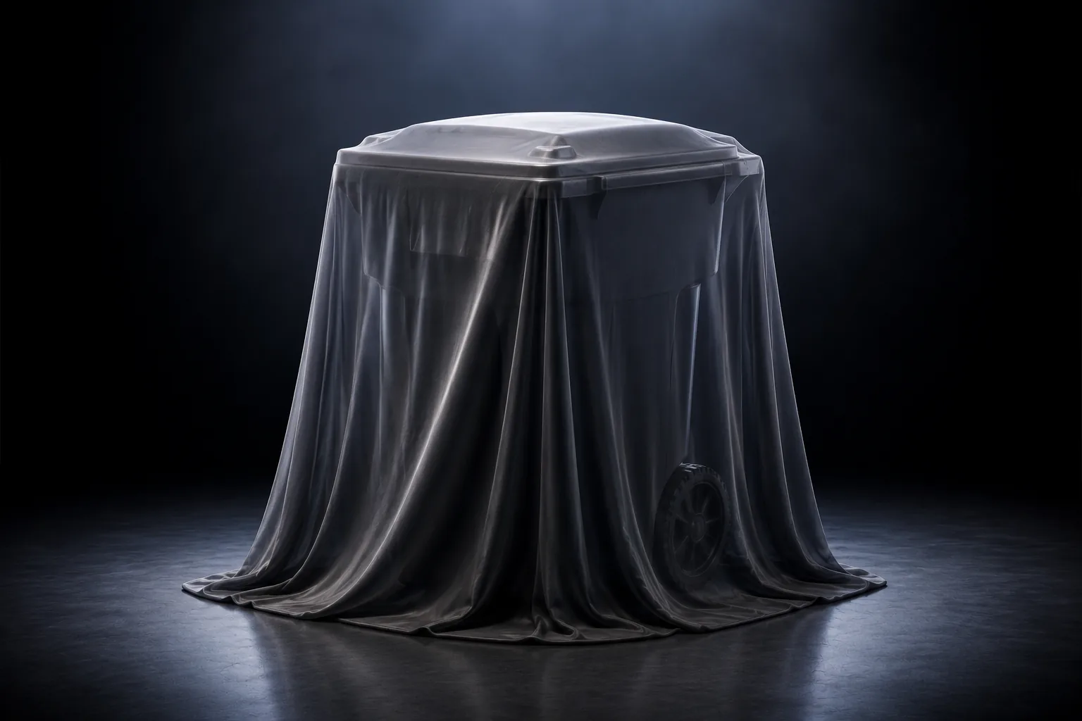 Trash bin draped in a dramatic curtain — product teaser